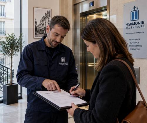 Technicien Harmonie Ascenseurs faisant signer un contrat de maintenance à une cliente devant un ascenseur